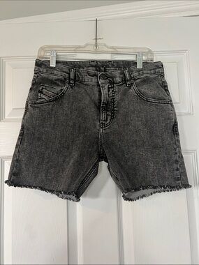 High-Rise Washed Black Denim Jean Shorts with Frayed Hem